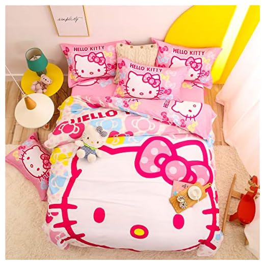 Nuosende Pink Hello Kitty Bowknots Anime Cartoon Bedding Set Boys Girls Kids 100% Cotton Duvet Cover and Pillow Cases and Fitted Sheet - Girls - 4 Pieces - Queen