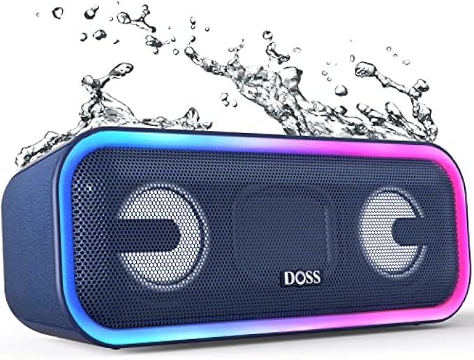DOSS Bluetooth Speaker, SoundBox Pro+ Wireless Bluetooth Speaker with 24W Impressive Sound, Booming Bass, IPX6 Waterproof, 15Hrs Playtime, Wireless Stereo Pairing, Mixed Colors Lights, 66 FT - Blue