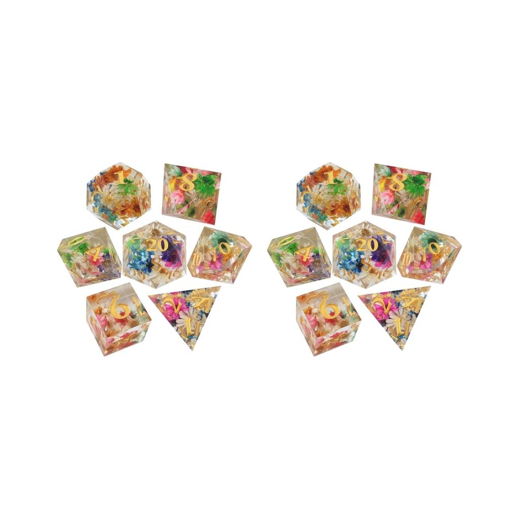 2 set de 7 dés polyédriques transparents en forme de fleur gravée pour les fêtes