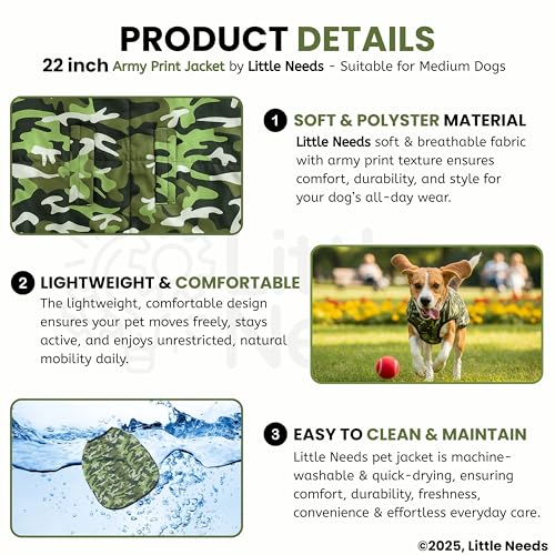 Image of Dog Jacket for Winter (Army Print, 22 Inch) | Camouflage Design, Waterproof & Windproof Polyester Coat with Fleece, Adjustable Velcro Closure, Warm Vest for Cold Weather