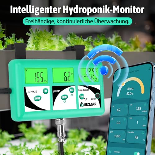 UIUZMAR pH EC TDS Messgerät für Hydrokultur, 7 in 1 pH EC PPM 500 PPM 700 CF Temperatur Luftfeuchte Monitor für Aeroponik, Kontrolle des Leitfähigkeits pH Werts der Hydrokultur Nährlösung