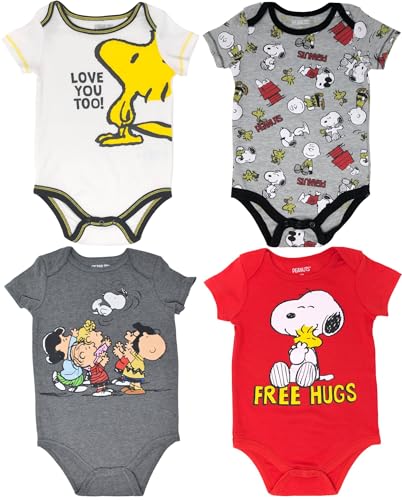 Image of Peanuts Woodstock Snoopy Baby 4 Pack Bodysuits Newborn to Infant