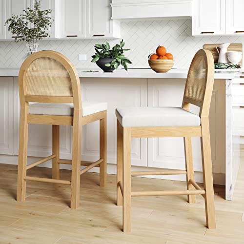 Image of Nathan James Bailey Upholstered Rattan Bar Stool in Oak Finish Frame, Counter Height Stool with Natural Rattan Woven Back For Kitchen Island, Brown, Set of 2