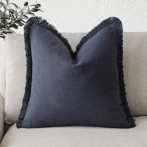 Image of Foindtower Decorative Linen Fringe Throw Pillow Covers Cozy Boho Farmhouse Cushion Cover with Tassel Soft Accent Pillowcase for Chair Sofa Bed Living Room Home Decor, 18x18 Inch, 1PC, Navy Blue