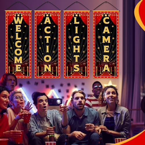 Image of Panelee 4 Pcs Movie Night Porch Banner Movie Themed Party Decorations Theater Welcome Lights Camera Action Front Door Sign Hanging Decoration for Home Photo Film Booth Backdrop Party Supplies