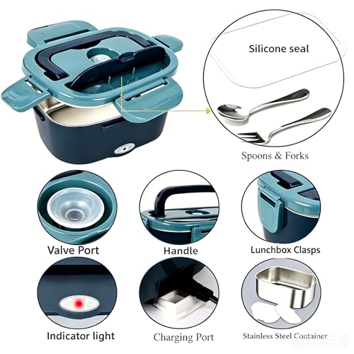 Image of Electric Lunch Box, 80W Heated Lunch Box for Adults, 1.5L Fast Heating Lunch Box Warmer for Car /Truck /Work /Travel,12V /24V /110V Portable Food Warmer