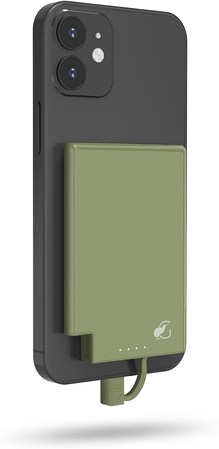 5000mAh Ultra-Slim Portable Charger, Magnetic Attached Power Bank, Built-in USB-C Cable, Compatible with iPhone 15, Android & USB C Devices, TSA Travel Flight-Approved, Lightweight (Olive)