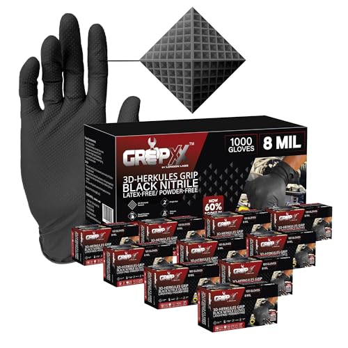 GRIPXX Herkules Grip Heavy Duty 8Mil Black Nitrile Gloves,3D Raised Diamond Texture-Latex & Powder-Free-Industrial, Mechanic (1000, Large)