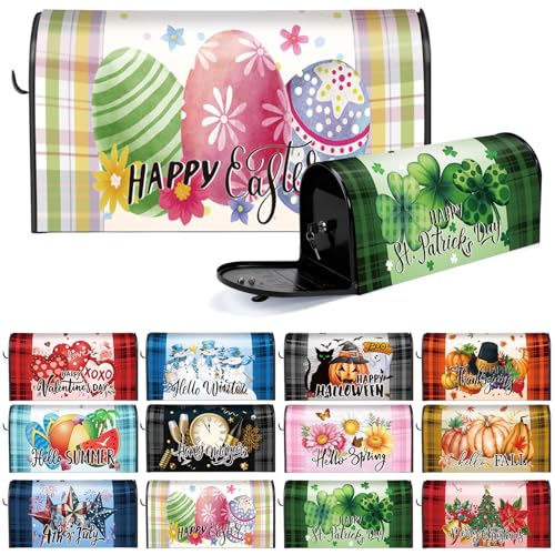 Dispowreath 12 Pcs Seasonal Mailbox Covers Buffalo Plaid Magnetic Standard Size 18 x 21 Inch Shamrocks Easter Spring Summer Magnetic Mailbox Covers for Garden Yard Outdoor Decor by Dispowreath - Used condition - US$35.38