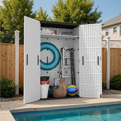 Image of Devoko 50 Cu Ft Plastic Outdoor Storage Cabinet, White | Vertical Resin Storage Shed with Lockable Door, Waterproof Shed for Patio Furniture Pool Toy, Garden Tool, Shelf Not Included