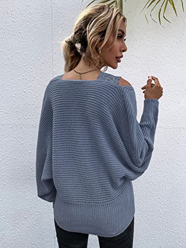 Didk Women's Casual Lace Strap Cold Shoulder Dolman Batwing Sleeve Sweatshirts Blue S #TOP1