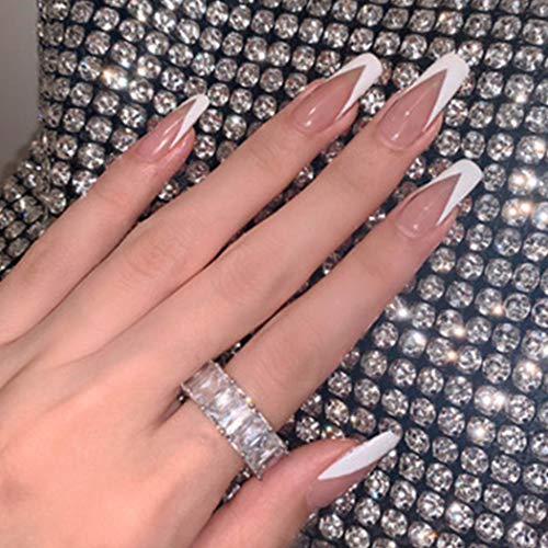 Bmadge Extra Long French Press on Nails Glossy Coffin Fake Nails Tips Pink V Shape Ballerina Artificial False Nails Full Cover for Women and Girls 24Pcs (Style B)