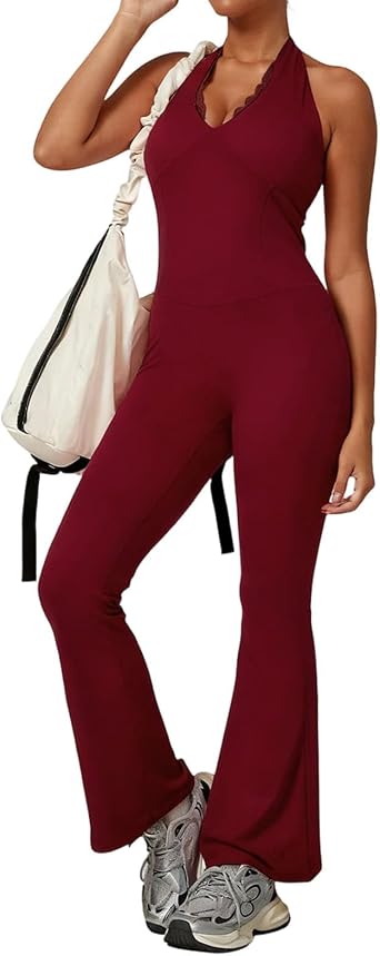 Womens Workout Jumpsuits Lace Deep V Halter Neck Rompers Scrunch Flared Backless Butt Lift Gym Yoga Jumpsuits