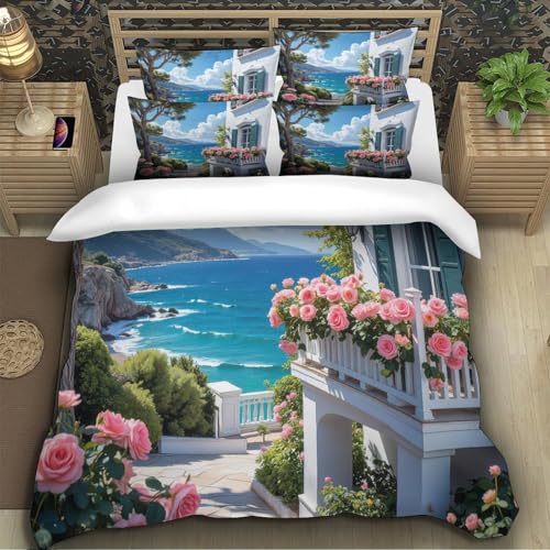 Housse de couette King microfibre anti-plis style villa côtière 3D