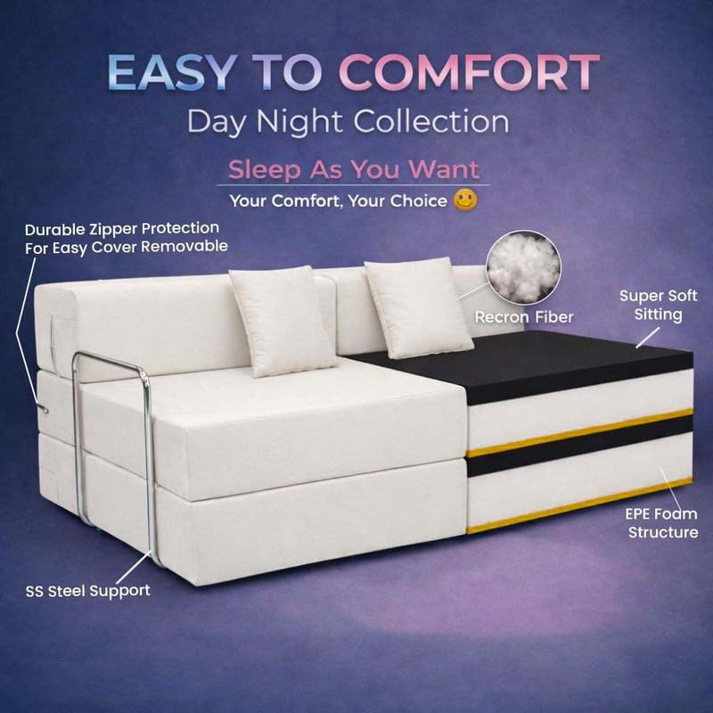 Image of Adorn India Easy Premium Modular 4 Seater Sofa Cum Bed | Velvet Suede Fabric | Colour Cream | Modern Design | Size 6x6 Fit | Comfortable for Seat & Sleep | Washable Cover | Perfect for Home & Office