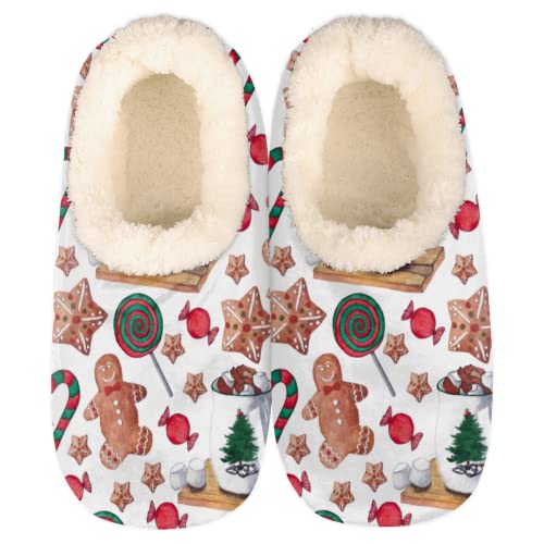 Bardic Christmas Gingerbread Man House Slippers for Women and Men, Cute Gingerbread Man Non Slip Cozy Slippers Funny Fuzzy Slipper Socks for Indoor Outdoor_XXL