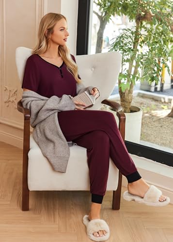 Image of Ekouaer Pajamas for Women Set 2 Piece Fall Lounge Sets Short Sleeve Pjs Joggers Long Pants Sleepwear with Pockets