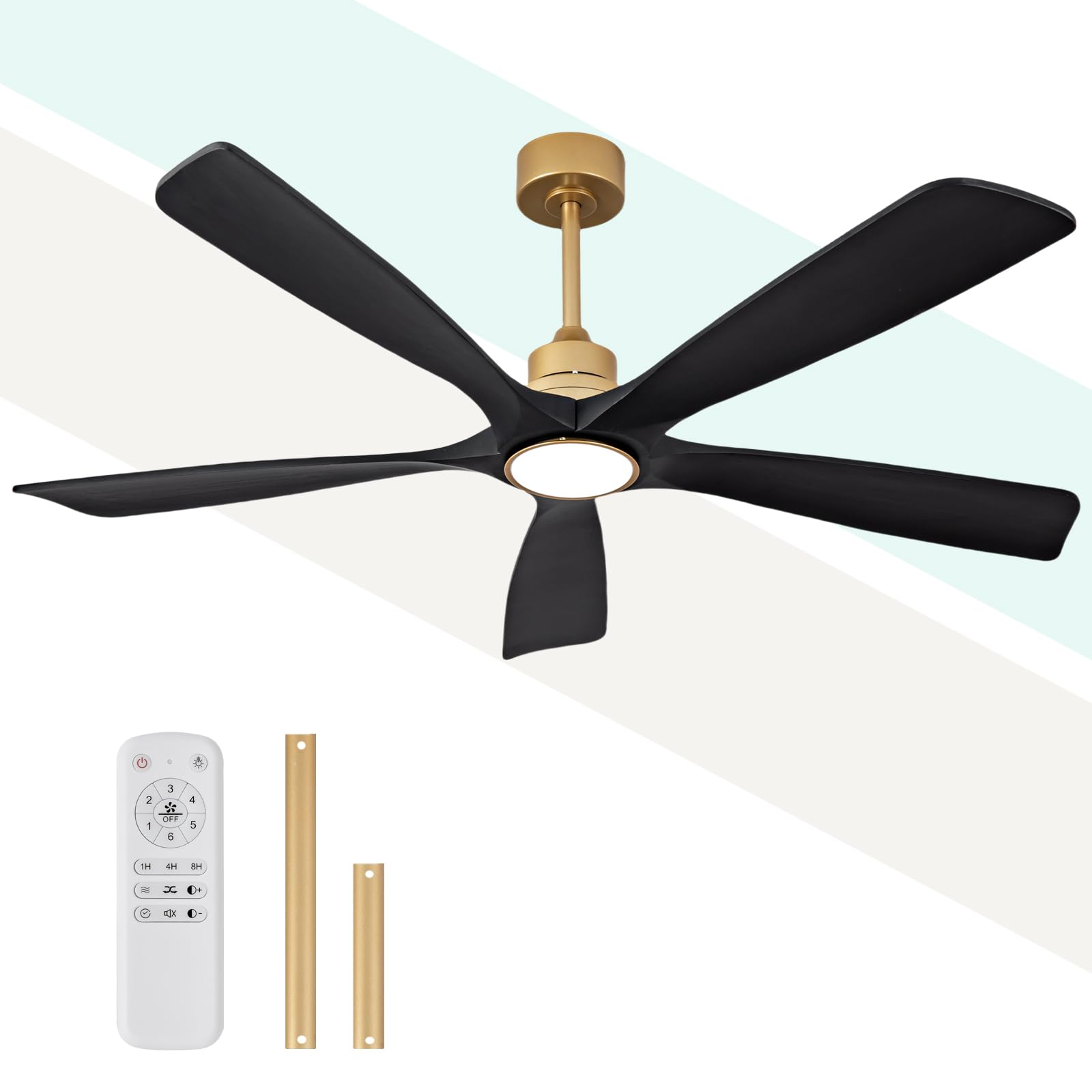 Photo 1 of **MISSING PARTS***52 Inch Solid Wood Ceiling Fans with Lights and Remote Control for Indoor Bedroom, Living Room, Dining Room, Modern Gold Ceiling Fan with Light and 5 Black Blades, Silent DC Motor, Dimmable Led