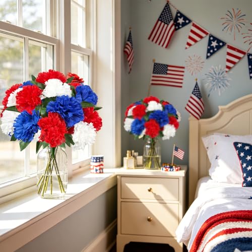 Image of 4PCS Memorial Day Flower Red White and Blue Chrysanthemum 13 inch Patriotic Flower Fake Silk Cemetery Flower Arrangement for July Independence Day Grave Centerpiece Home Decor(NO VASE)