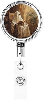 Metal Retractable Badge Reel,Vintage Halloween Reading Wooden Armchair Badge Holder Rotating Id Card Hang Key Chain for Nurse Doctor Teacher Office
