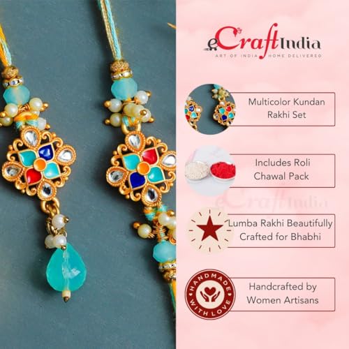 Image of eCraftIndia Multicolor Kundan Designer Rakhis for Brother and Bhabhi | Bhaiya Bhabhi Rakhi Set of 2