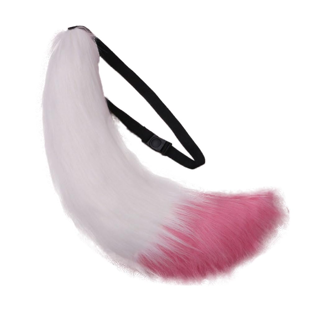 ILUFAM Faux Fur Big Animal Tail 70cm Furry Fox Dog Wolf Tail for Adult Halloween Easter Cosplay Party Costume Accessories (White&Pink)