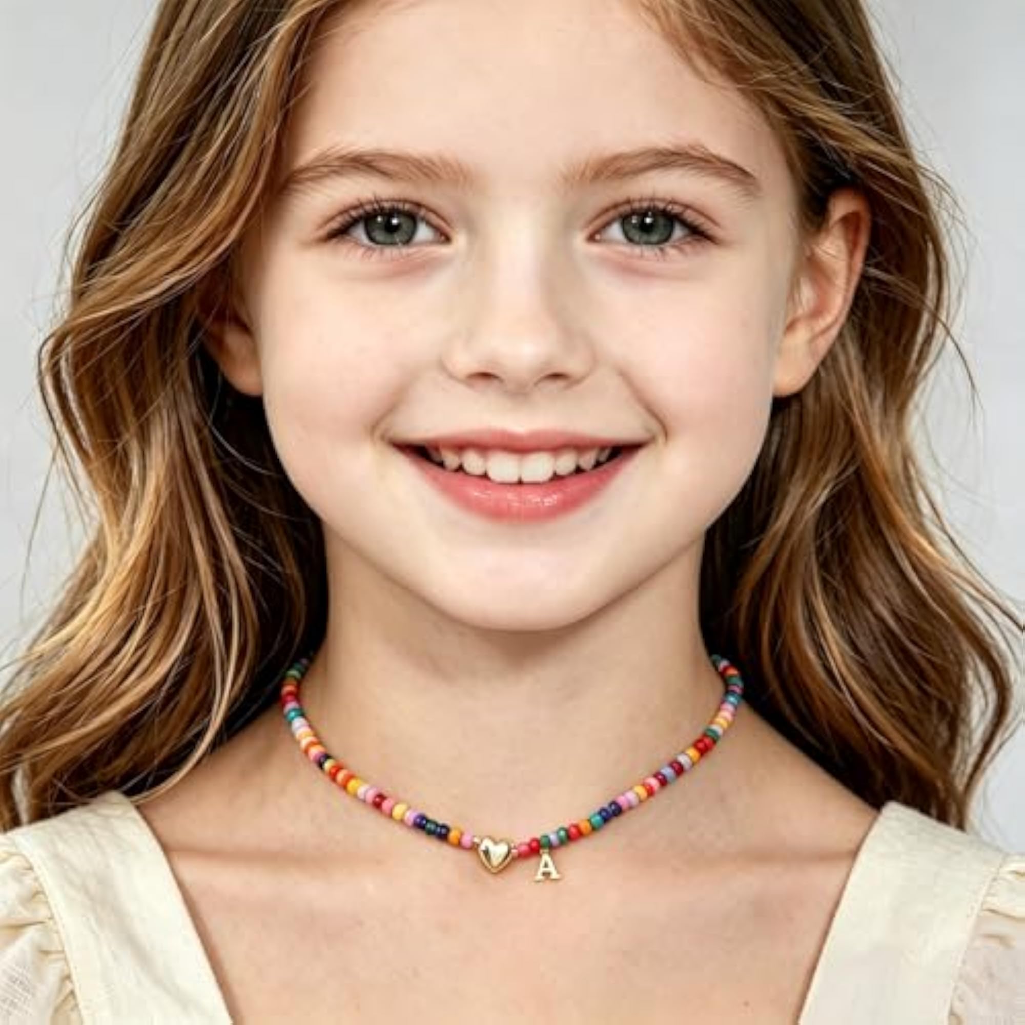 Women's Colorful Beads Charm Initial Choker Necklace, Gold Plated