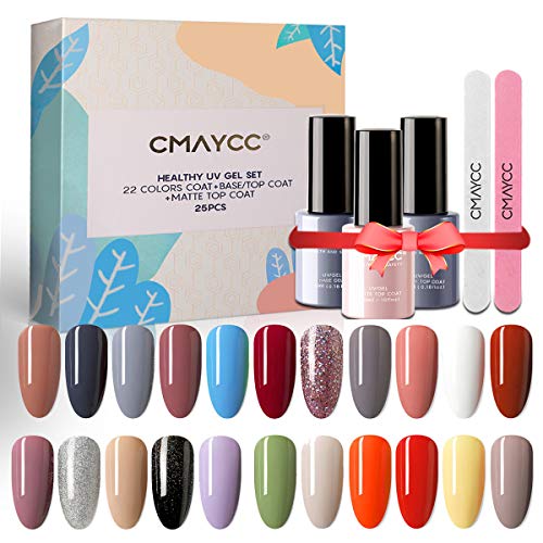 CMAYCC Nail Polish Gel, 25 Pcs Gel Nail Polish Kit 22 Color UV LED Nail Gel with Glossy & Matte Top Coat and Base Coat