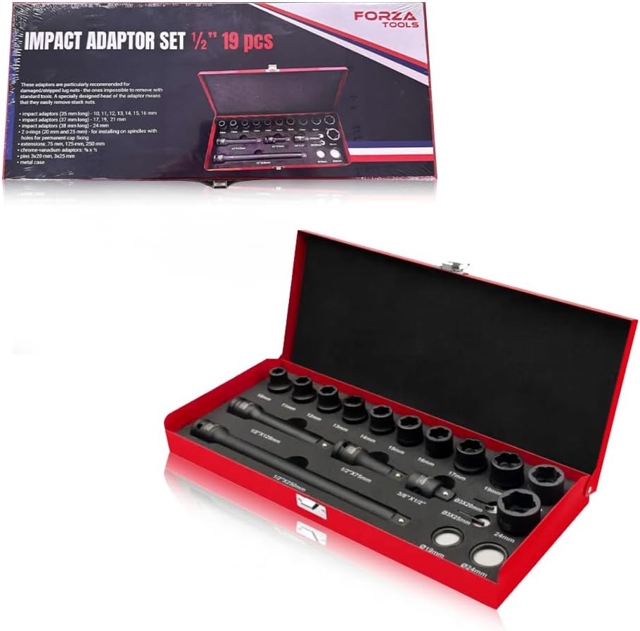 19-Piece 1/2" Drive Twist Impact Socket Set, Damaged Lug Nut Remover Kit, Stripped Bolt Extractor Tool with CR-MO Steel, Professional Metric & SAE Rescue Set