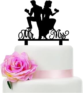 Dumbbell Wedding Cake Topper - Fitness-loving Groom and Bride Exercising with Dumbbells - Fitness Wedding Cake Topper for Wedding Anniversary and Bridal Shower Party Decor