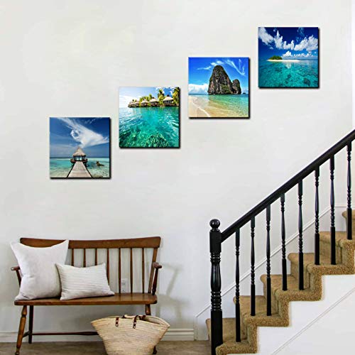 Blue Teal Natural Seaside Landscape Wall Art Pictures, 4 Panels Beach Dreamed Place Coastal Wall Decor, Island Seascape Canvas Prints For Living Room Kitchen Bathroom, Size 12'' X 12'' X 4 #TOP4