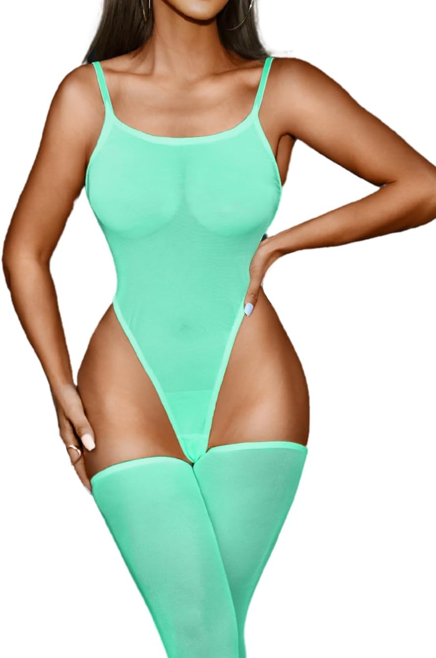 Kaei&Shi High Cut Bodysuit & Thigh High,Sheer Mesh Spaghetti Strap Sexy Tops Women,Low Back Snap Body Suit Rave Festival Club