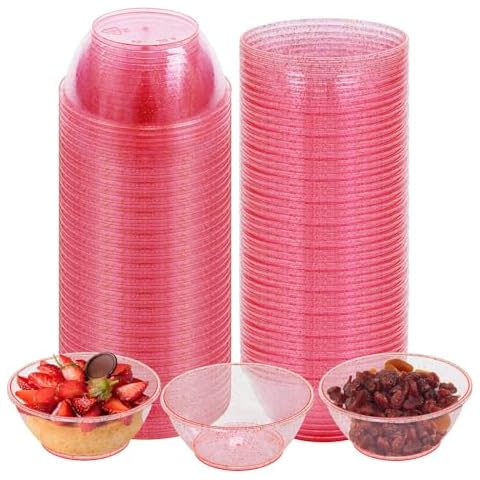 100Pack Mini Plastic Bowls - 6oz Disposable Hard Plastic Dessert Bowls for Serving, Premium Plastic Ice Cream Bowl, Glittered Pink Bowls Snack Bowls for Parties, Serving Bowls Party Supplies(Pink) Cover