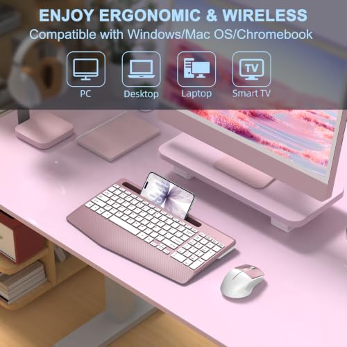 Rechargeable Silent Wireless Keyboard and Mouse Combo, Ergonomic Wrist Rest & Phone Tablet Holder, USB-C Adapter Included, 2.4G Lag-Free Cordless Set for Windows Mac Laptop PC Home Office (Rose Gold) by EAYBLLY - Used condition - Image 9