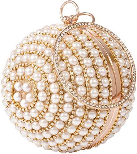 WPKLTMZ Womans Round Clutch Ball Handbag Dazzling Full Rhinestone Tassles Ring Handle Purse Pearls Evening Bag