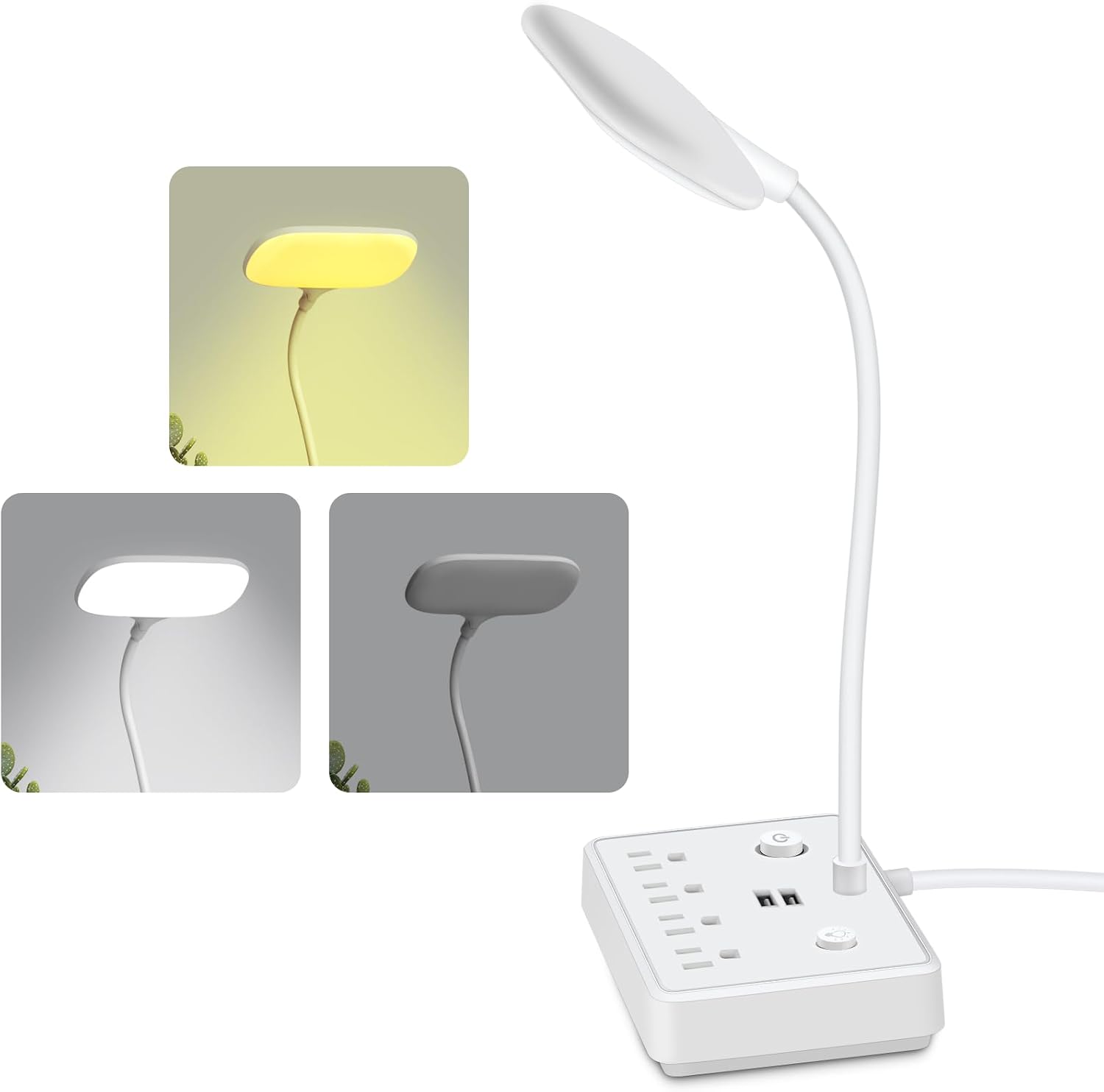 LED Desk Lamp with Power Strip, 4 AC Outlets & 2 USB Charging Ports, 3 Lighting Modes Dimmable Table Lamp, 360° Adjustable Flexible Gooseneck, Eye-Caring Small Desk Light for Home Office