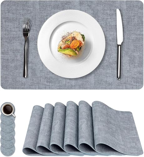 Image of Bingobang Placemats and Coaster Sets of 6, PU Leather Table Mats Heat-Resistant Washable and Non-Slip, Dining Place Mats for Dinner Kitchen Restaurant Indoor Outdoor Party,43 * 30 cm (Light Blue)
