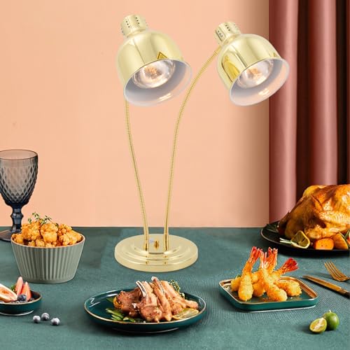 pijopang Food Heat Lamp, 500W Commercial Food Warmer Lamp w/ 360°Adjustable Head & 2 Dual 250w Bulbs, Food Warming Heating Light for Restaurant Kitchen Buffet-Gold