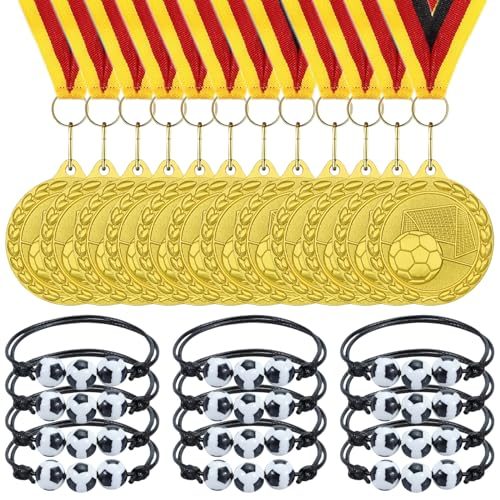 Donrime 12 Stück Medaillen Fußball 12 Stück Fußball Armbänder Fussball Party Mitgebsel Kindergeburtstag Gastgeschenke für Kinder Junge Mädchen Geburtstagsgeschenk Geburtstag Party Zubehör