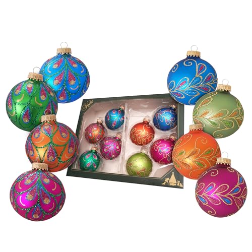 Krebs Glas Lauscha Weihnachtsdekoration/Christbaumschmuck aus Glas - 8 Christbaumkugeln - Motiv: Bunt mit Glitzerdekor - Größe: ca. 7 cm