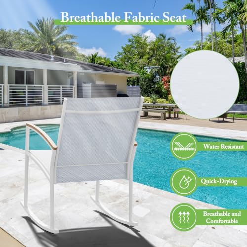 Image of Shintenchi 3 Pieces Patio Rocking Bistro Sets,Outdoor Textilene Fabric Conversation Bistro Set,Front Porch Rocker Chairs Small Patio Furniture Set with Table for Lawn,Garden,Balcony(White)