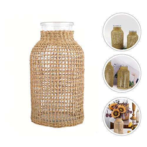 Cabilcok Straw Woven Glass Flower Vase - Rattan Cover Glass Flower Bottle, Country Rustic Style Decorative Vase for Home Arrangement Table Centerpiece Decor - Image 4