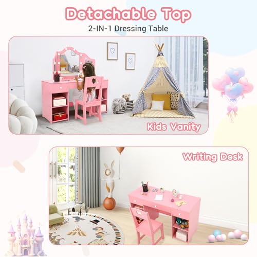 Kids Vanity with Lights, Princess Makeup Vanity Desk with Storage Cabinet & Touch Light Detachable Tri-Folding Mirror, 2 In 1 Toddler Vanity Table & Chair Set Wooden Girls Vanity Dress Table for Girls