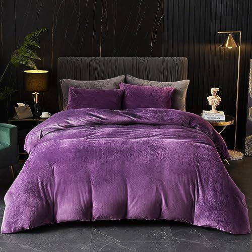 Ivellow Velvet Flannel Duvet Cover Set King Size Purple Duvet Ultra Soft Breathable Cozy Velour Luxury Bedding Set Zipper Closure Corner Ties