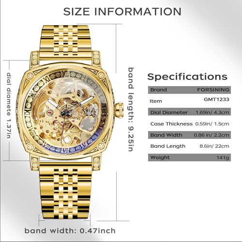Image of FORSINING Fancy Watches for Men, Square Retro Mechanical Watch Self-Wind Carved, Gear Movement Golden Skeleton Automatic Watches Vintage Leather Strap Wrist Watch