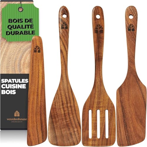 Spatule Cuisine Bois - Lot de 4 Ustensiles de Cuisine bois en Teck - Anti-Rayures, Antiadhésive et...