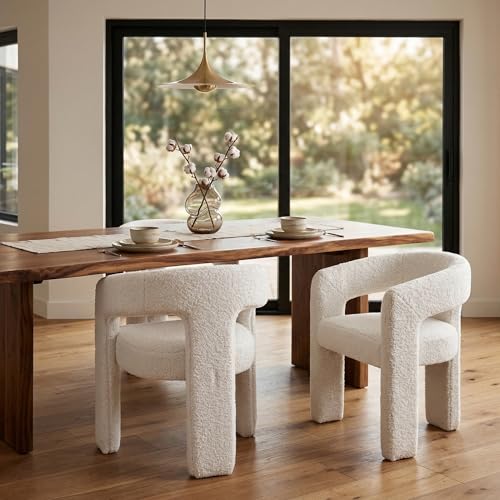 Image of HNY Modern Barrel Kitchen & Dining Room Chairs Set of 3, Sherpa Upholstered Accent Chairs with Arm, 18.5'' Wide Side Armchairs Vanity Chairs for Living Room Bedroom Makeup Small Spaces, White