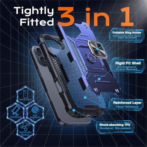 Image of Anqrp Heavy Duty Case for iPhone 16 Case with Enhanced Ring Holder Grip Stand, Military Grade Shockproof Rugged Drop Protective Silicone Hard Slim iPhone 16 Phone Case Cover,Vivid Blue