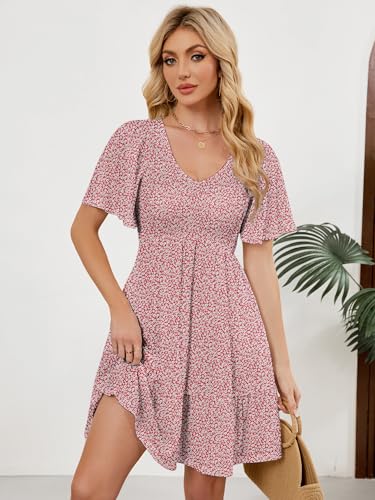 Image of UEAL Womens Cute Floral Smocked V Neck Flutter Sleeve Sundress with Pockets Casual Spring Summer Dresses for Women 2026