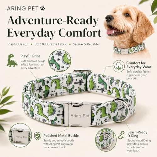 Image of ARING PET Boy Dog Collar for Puppy Small Medium Large Dogs-Green Dinosaur M | Cute Dino Heavy Duty Pet Collars with Metal Buckle for XS S M L XL Dogs, for Daily Walk Camping Trip Outings Photoshoots